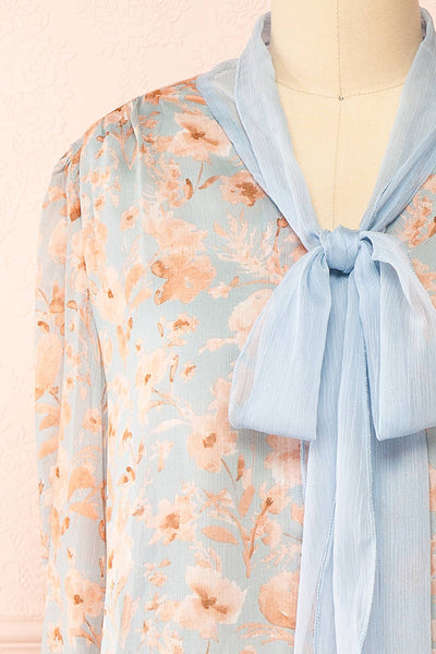 Lydia Blue Floral Chiffon Blouse w/ Bow Collar | Boutique 1861 front close-up