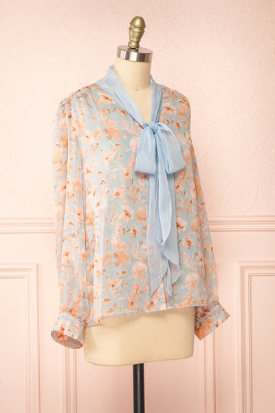 Lydia Blue Floral Chiffon Blouse w/ Bow Collar | Boutique 1861 side view