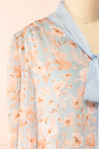 Lydia Blue Floral Chiffon Blouse w/ Bow Collar | Boutique 1861 side close-up