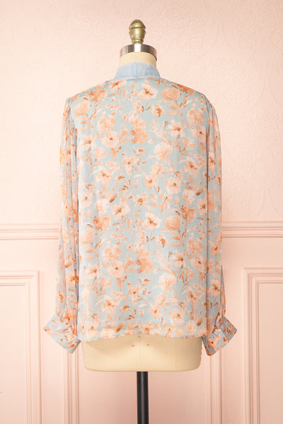 Lydia Blue Floral Chiffon Blouse w/ Bow Collar | Boutique 1861 back view