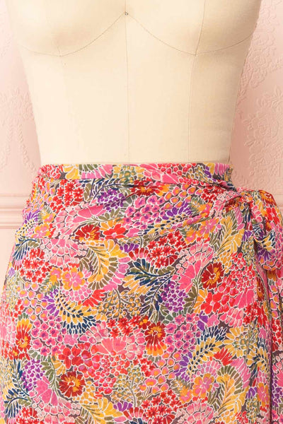 Lynehea Colorful Floral Wrap Midi Skirt | Boutique 1861 front close-up