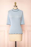Lynne Blue Short Sleeve Ribbed Top w/ Frills | Boutique 1861