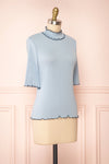 Lynne Blue Short Sleeve Ribbed Top w/ Frills | Boutique 1861 side view