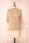 Lynne Taupe Short Sleeve Ribbed Top w/ Frills | Boutique 1861 front view