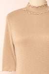 Lynne Taupe Short Sleeve Ribbed Top w/ Frills | Boutique 1861 front close-up