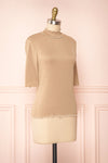 Lynne Taupe Short Sleeve Ribbed Top w/ Frills | Boutique 1861 side view