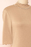 Lynne Taupe Short Sleeve Ribbed Top w/ Frills | Boutique 1861 side close-up
