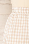 Macari Cream Gingham Print High-Waisted Shorts | La petite garçonne side close-up