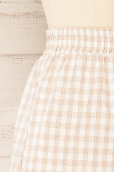 Macari Cream Gingham Print High-Waisted Shorts | La petite garçonne side close-up