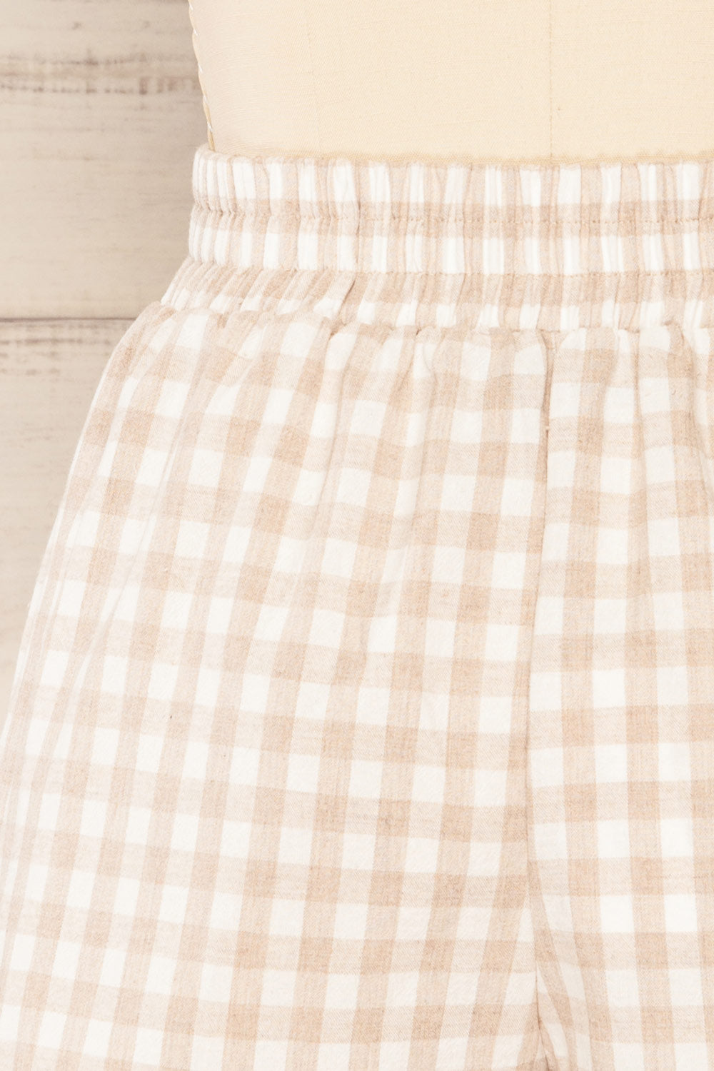 Macari Cream Gingham Print High-Waisted Shorts | La petite garçonne back close-up