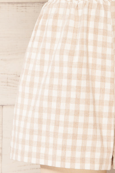 Macari Cream Gingham Print High-Waisted Shorts | La petite garçonne front close-up