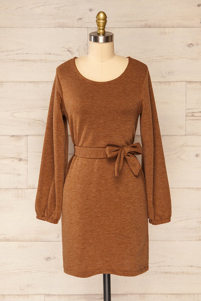 Macie Rust Long Sleeve Soft Knit Dress w/ Fabric Belt | La petite garçonne front view