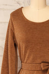 Macie Rust Long Sleeve Soft Knit Dress w/ Fabric Belt | La petite garçonne front close-up