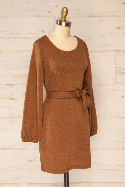 Macie Rust Long Sleeve Soft Knit Dress w/ Fabric Belt | La petite garçonne side view