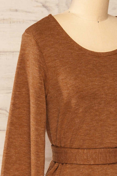 Macie Rust Long Sleeve Soft Knit Dress w/ Fabric Belt | La petite garçonne side close-up