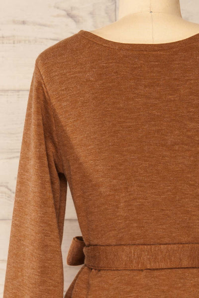 Macie Rust Long Sleeve Soft Knit Dress w/ Fabric Belt | La petite garçonne back close-up
