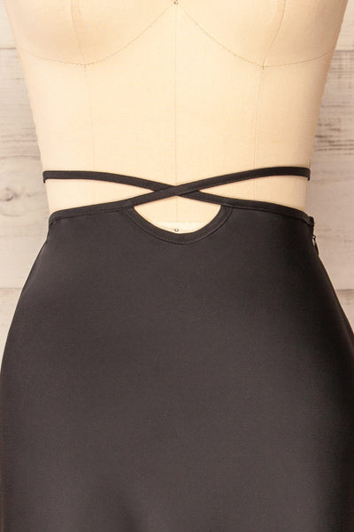 Maddie Black Satin Midi Skirt | La petite garçonne front close-up