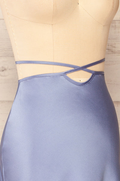 Maddie Blue Satin Midi Skirt | La petite garçonne side close-up