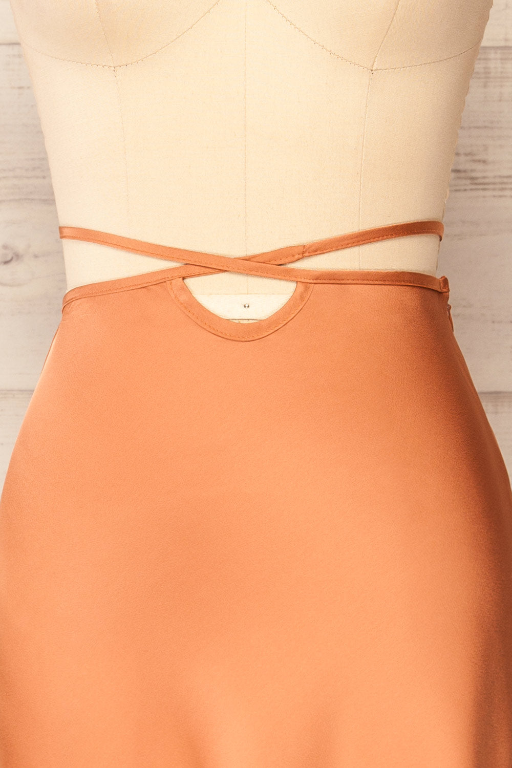 Maddie Rust Satin Midi Skirt | La petite garçonne  front close-up