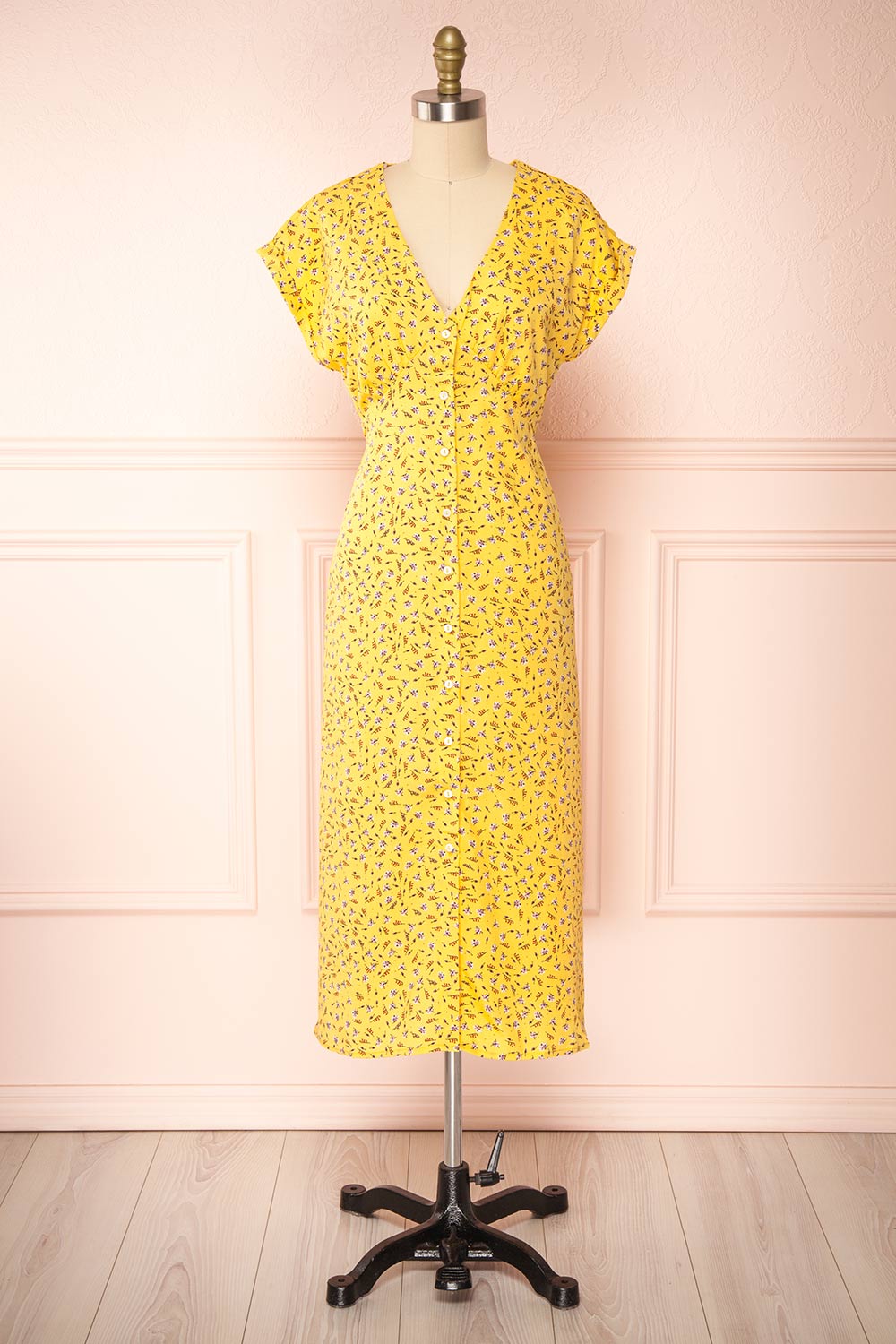 Magui Yellow Patterned Buttoned Midi Dress | Boutique 1861 front view 