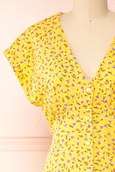 Magui Yellow Patterned Buttoned Midi Dress | Boutique 1861 front close-up