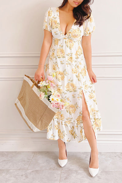 Mahelie Floral Midi Dress w/ Lace-Up Back | Boutique 1861 instagram post front view