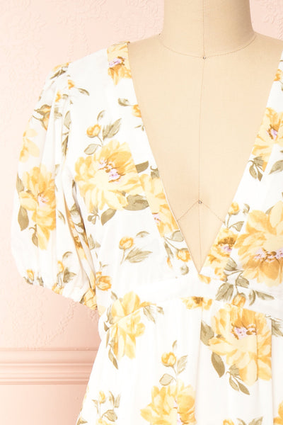 Mahelie Floral Midi Dress w/ Lace-Up Back | Boutique 1861 front close-up