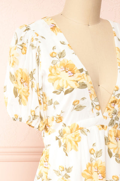 Mahelie Floral Midi Dress w/ Lace-Up Back | Boutique 1861 side close-up