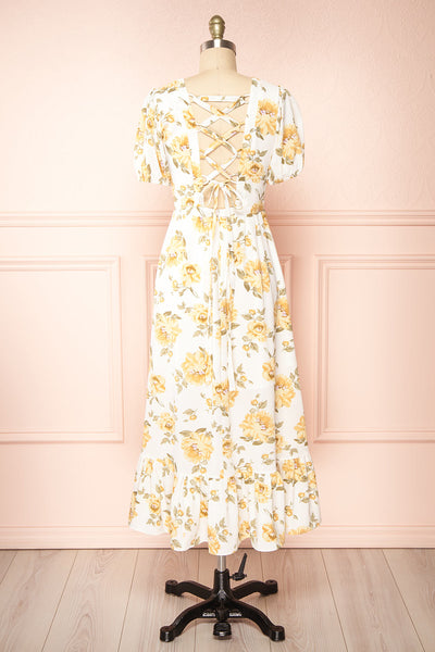 Mahelie Floral Midi Dress w/ Lace-Up Back | Boutique 1861 back view