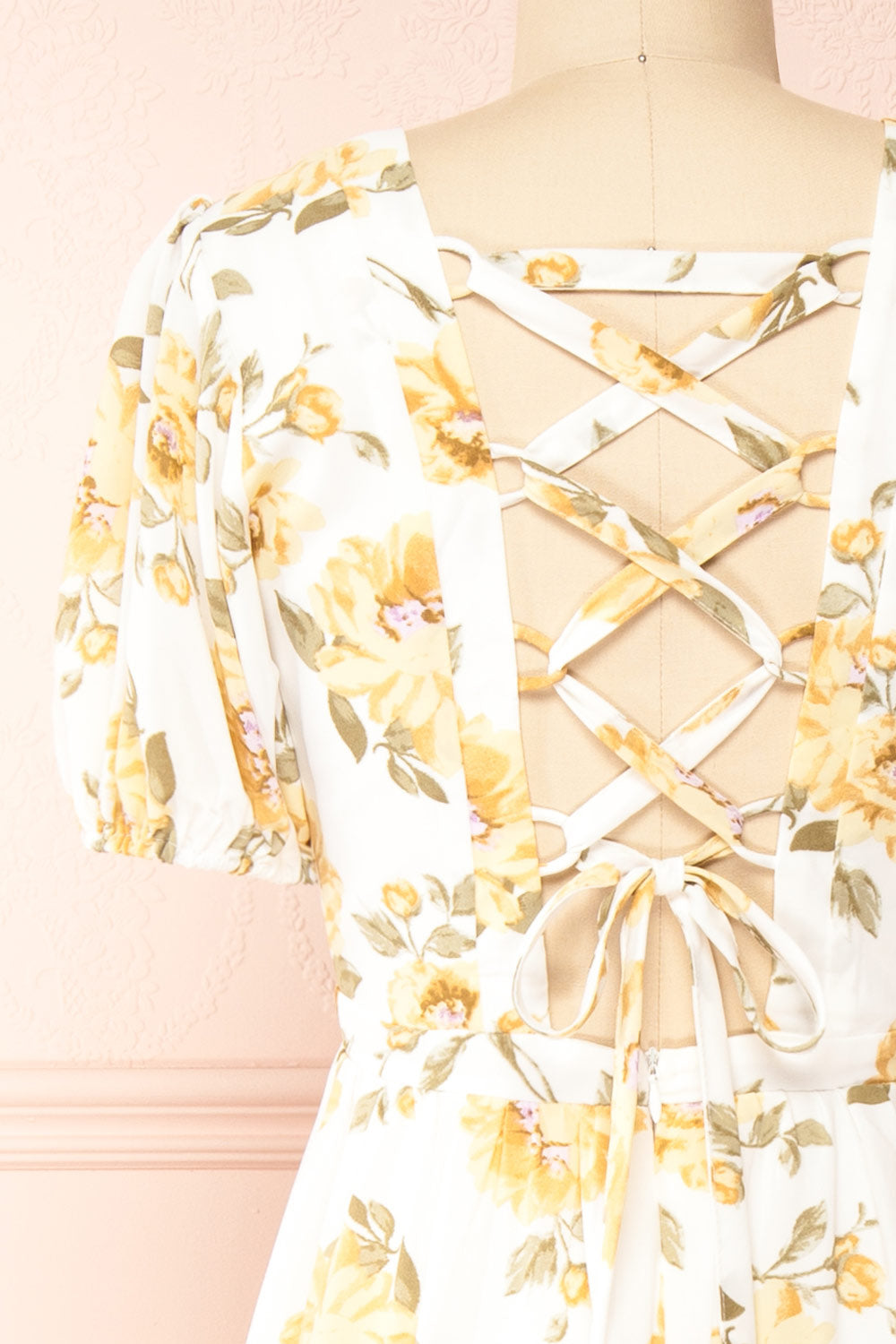Mahelie Floral Midi Dress w/ Lace-Up Back | Boutique 1861 back close-up