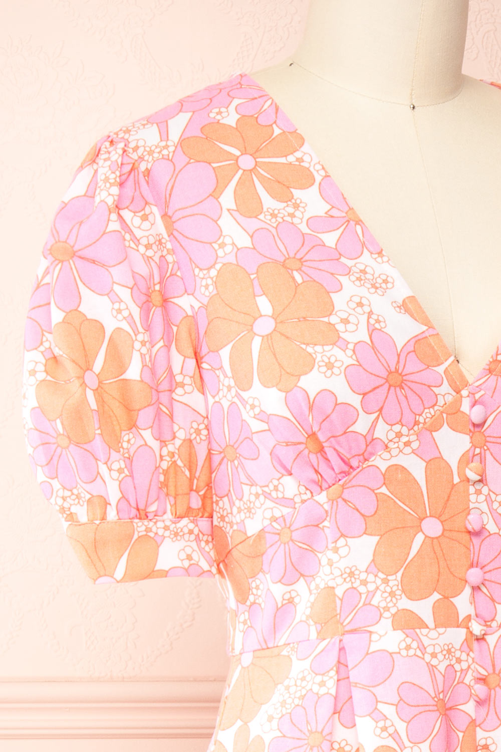 Maheo 70's Floral V-Neck Romper | Boutique 1861 side close-up