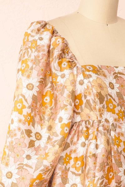 Maiia Short Floral A-Line Dress w/ Puffy Sleeves | Boutique 1861 side close-up