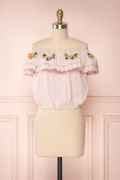 Maile Petal Pink Embroidered Off-Shoulder Crop Top | Boutique 1861 1