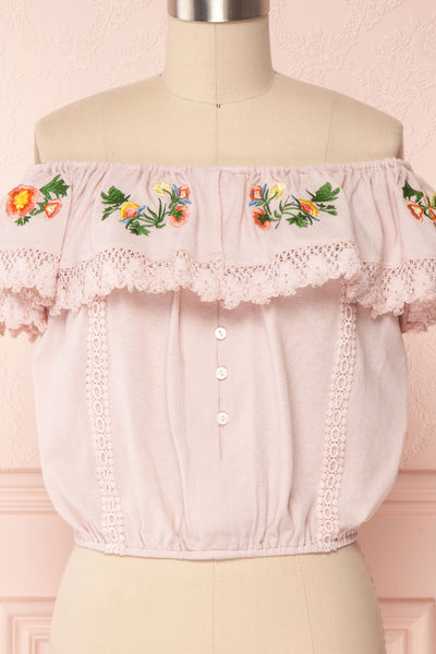 Maile Petal Pink Embroidered Off-Shoulder Crop Top | Boutique 1861 2