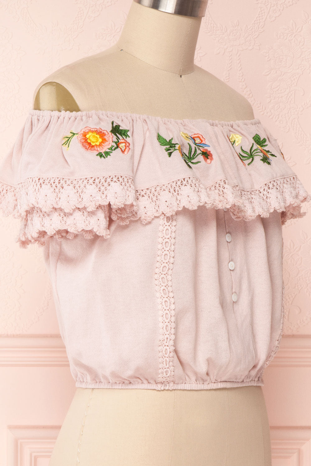 Maile Petal Pink Embroidered Off-Shoulder Crop Top | Boutique 1861 4