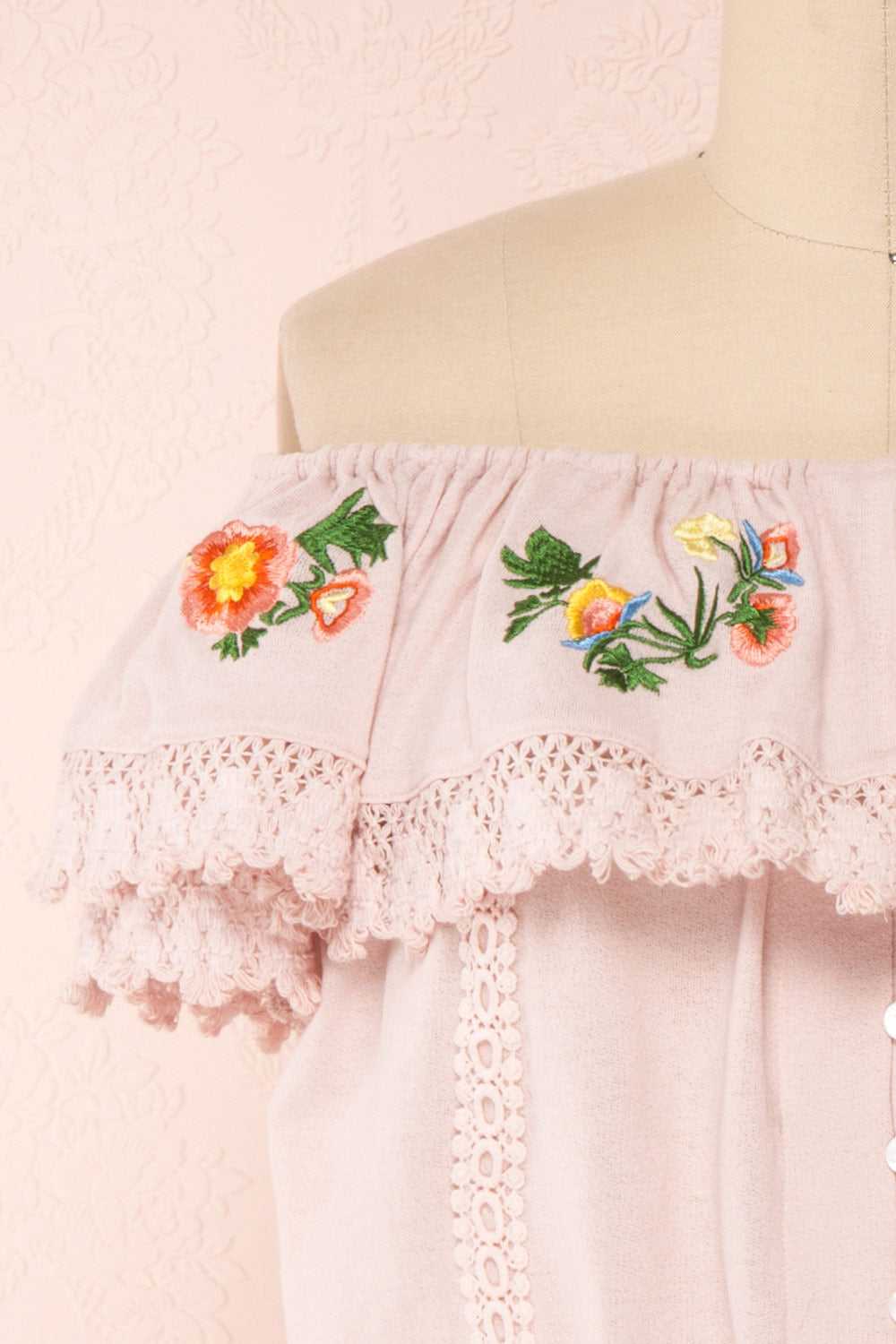 Maile Petal Pink Embroidered Off-Shoulder Crop Top | Boutique 1861 7