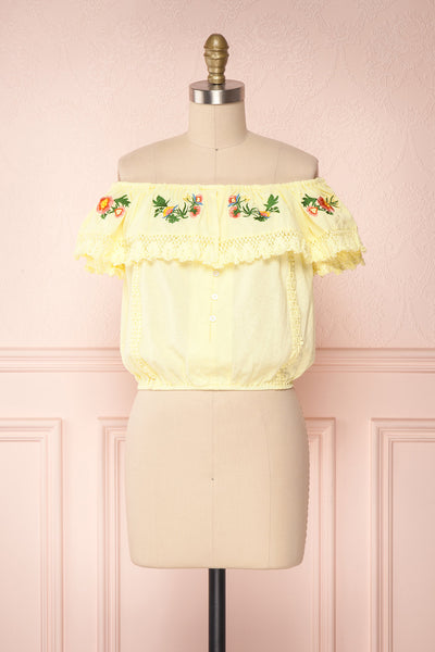 Maile Sun Yellow Embroidered Off-Shoulder Crop Top | Boutique 1861 1