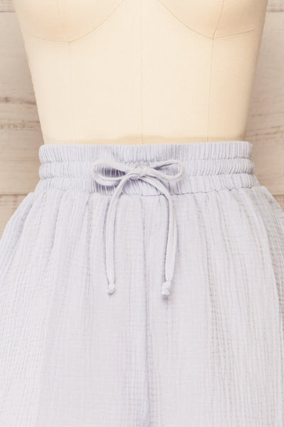 Maitee Blue Textured Drawstring Shorts | La petite garçonne  front close-up