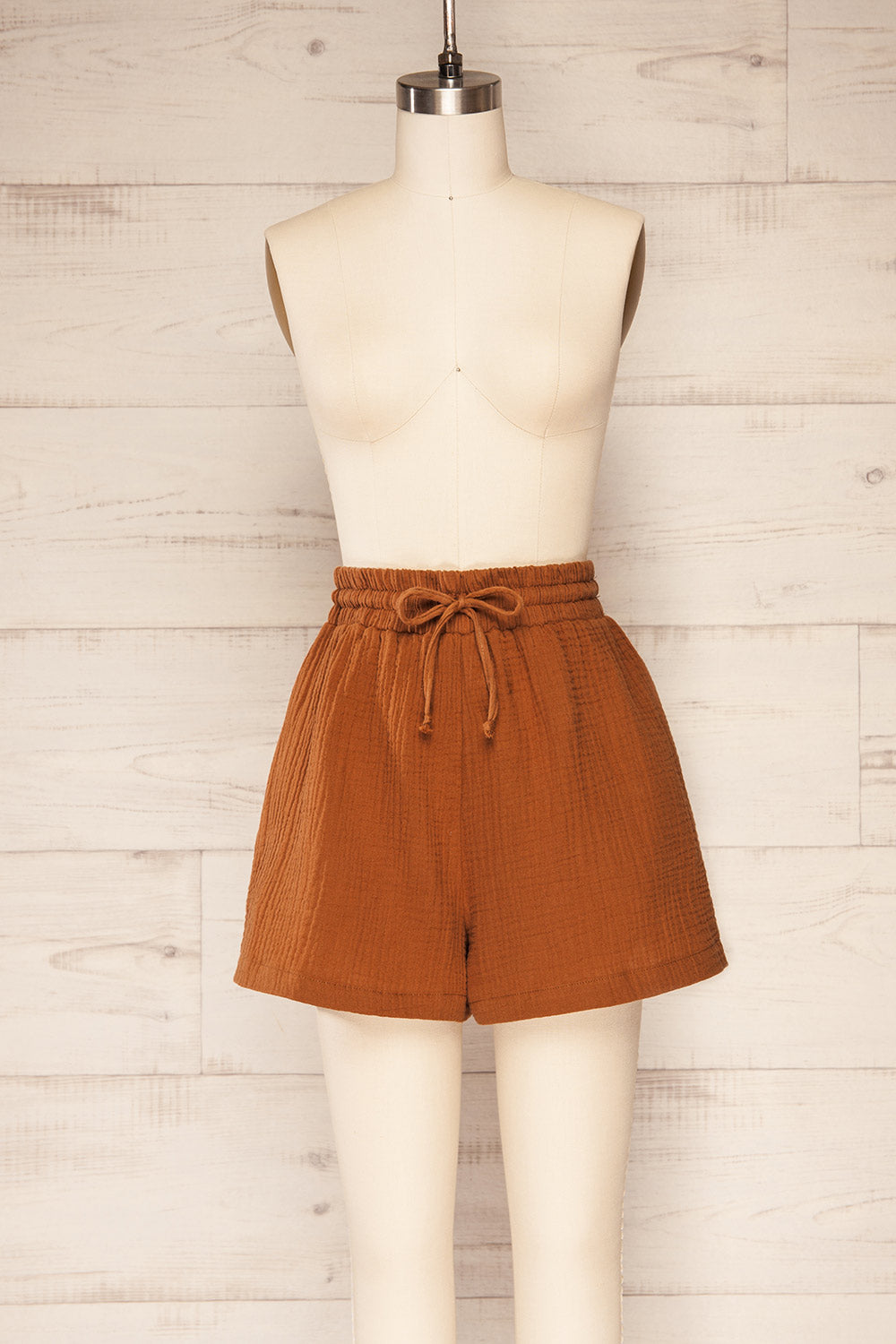 Maitee Cognac Textured Drawstring Shorts | La petite garçonne  front view 