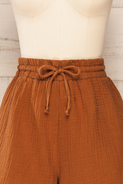 Maitee Cognac Textured Drawstring Shorts | La petite garçonne  front close-up