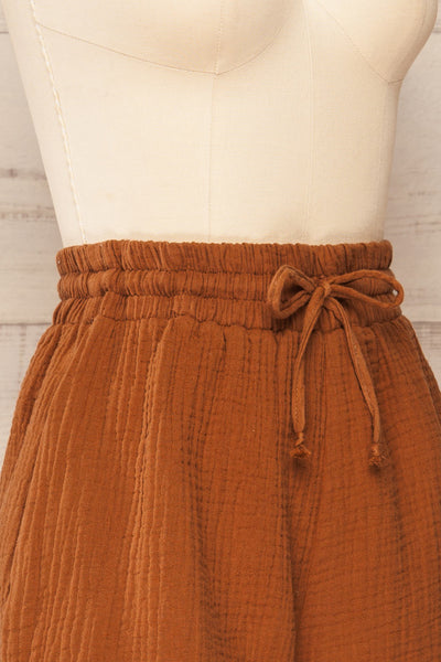 Maitee Cognac Textured Drawstring Shorts | La petite garçonne  side close-up