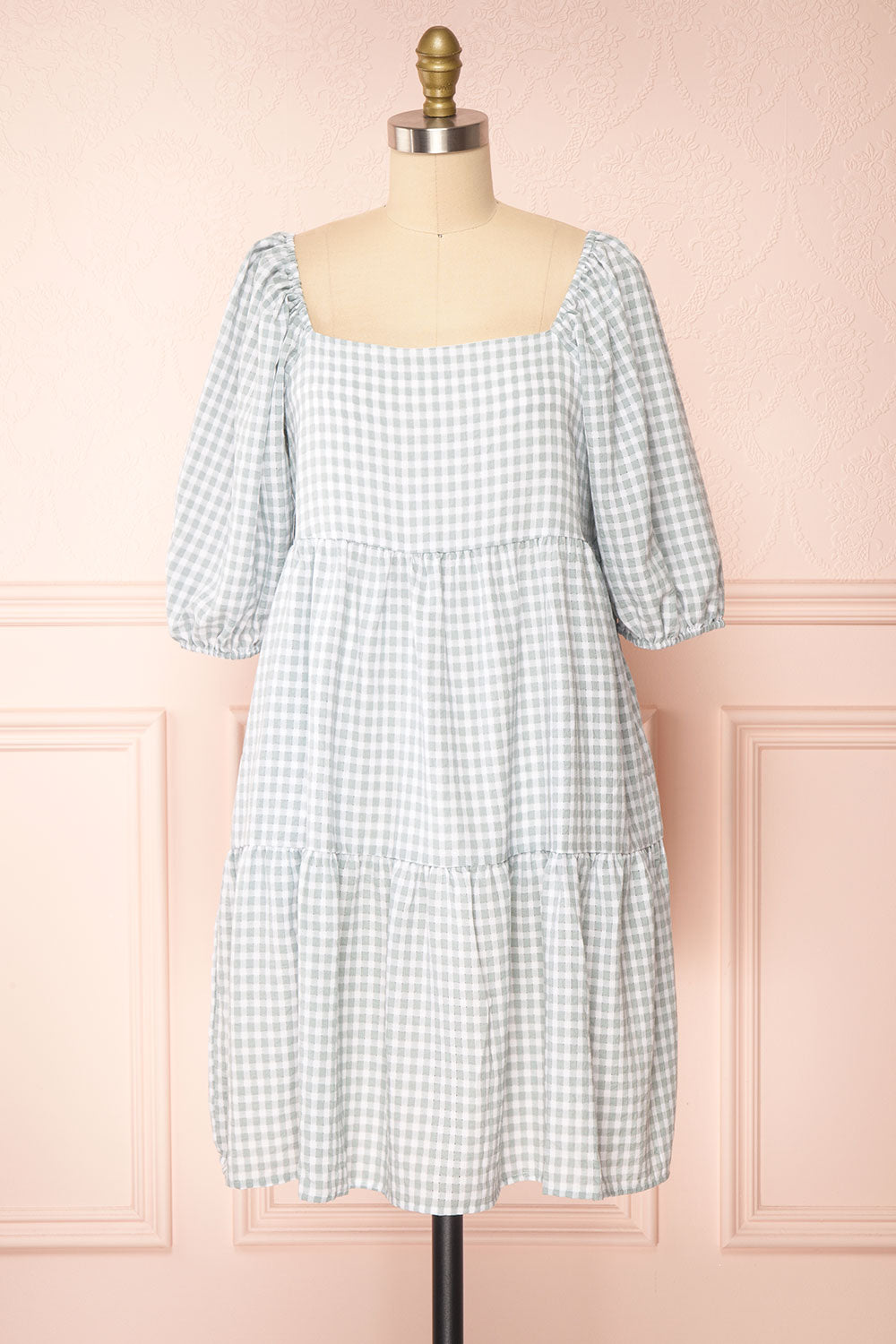 Malka Sage GreenTiered Gingham Short Dress | Boutique 1861 front view 