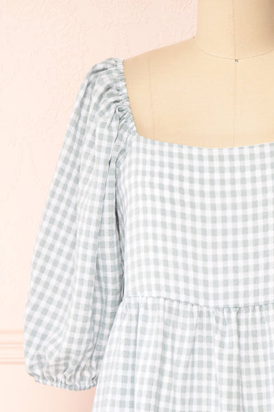 Malka Sage GreenTiered Gingham Short Dress | Boutique 1861 front close-up