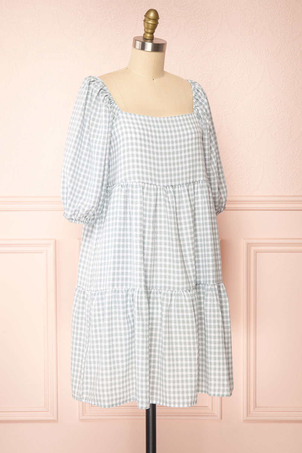 Malka Sage GreenTiered Gingham Short Dress | Boutique 1861 side view 