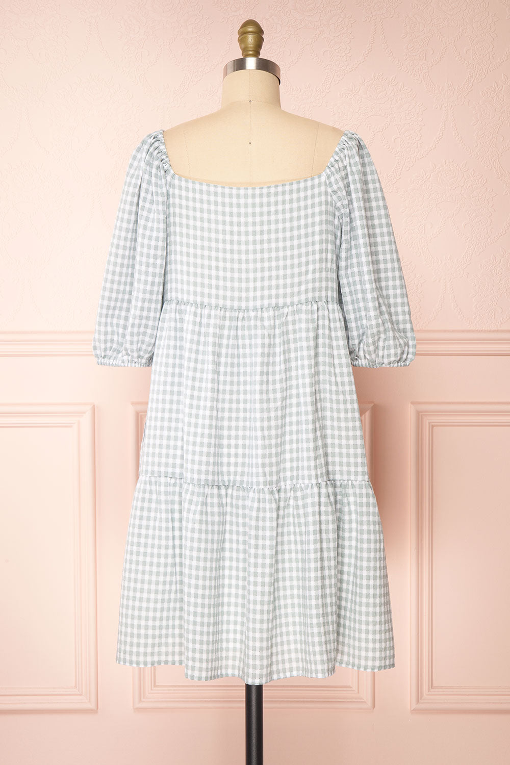 Malka Sage GreenTiered Gingham Short Dress | Boutique 1861 back view 