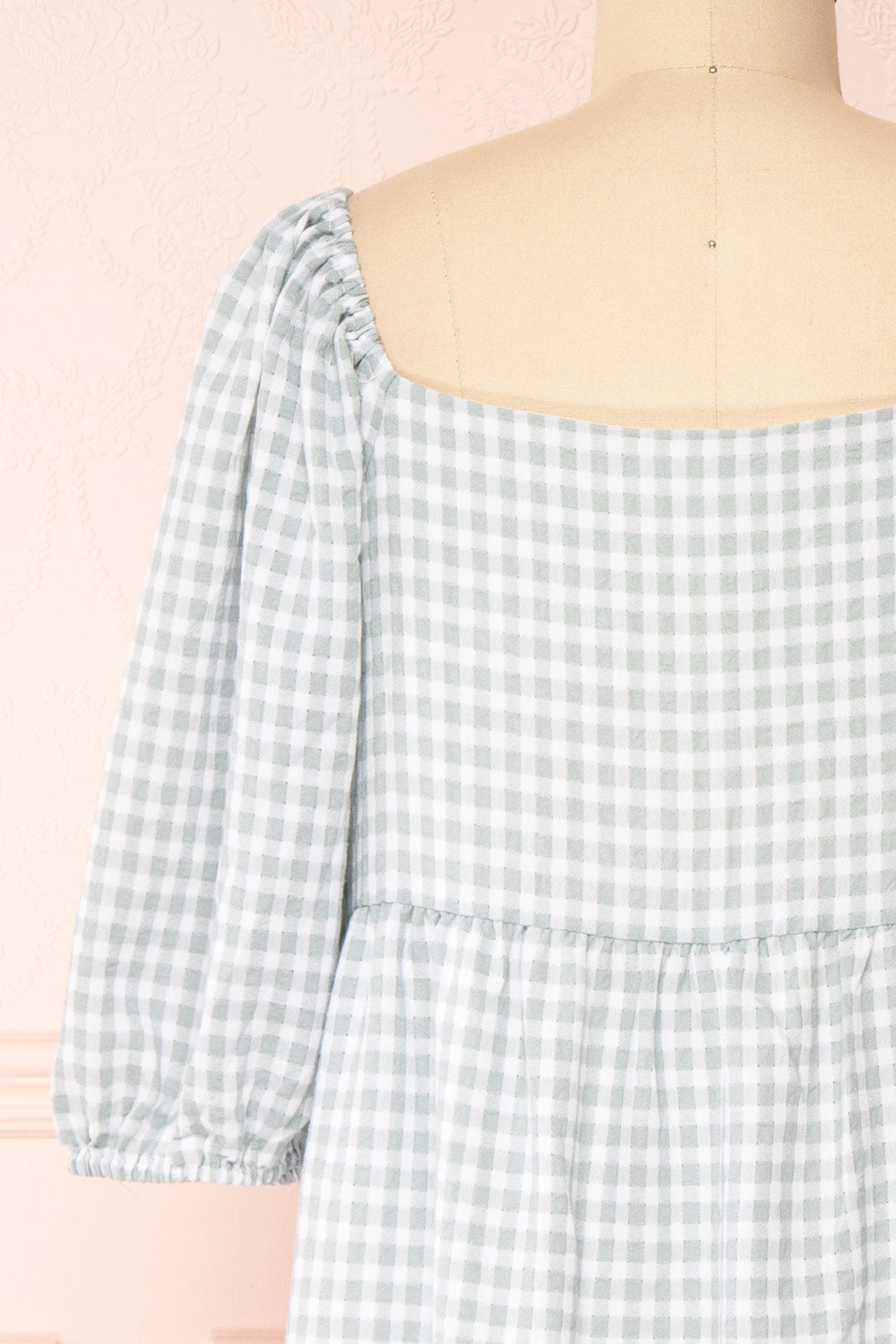 Malka Sage GreenTiered Gingham Short Dress | Boutique 1861 back close-up