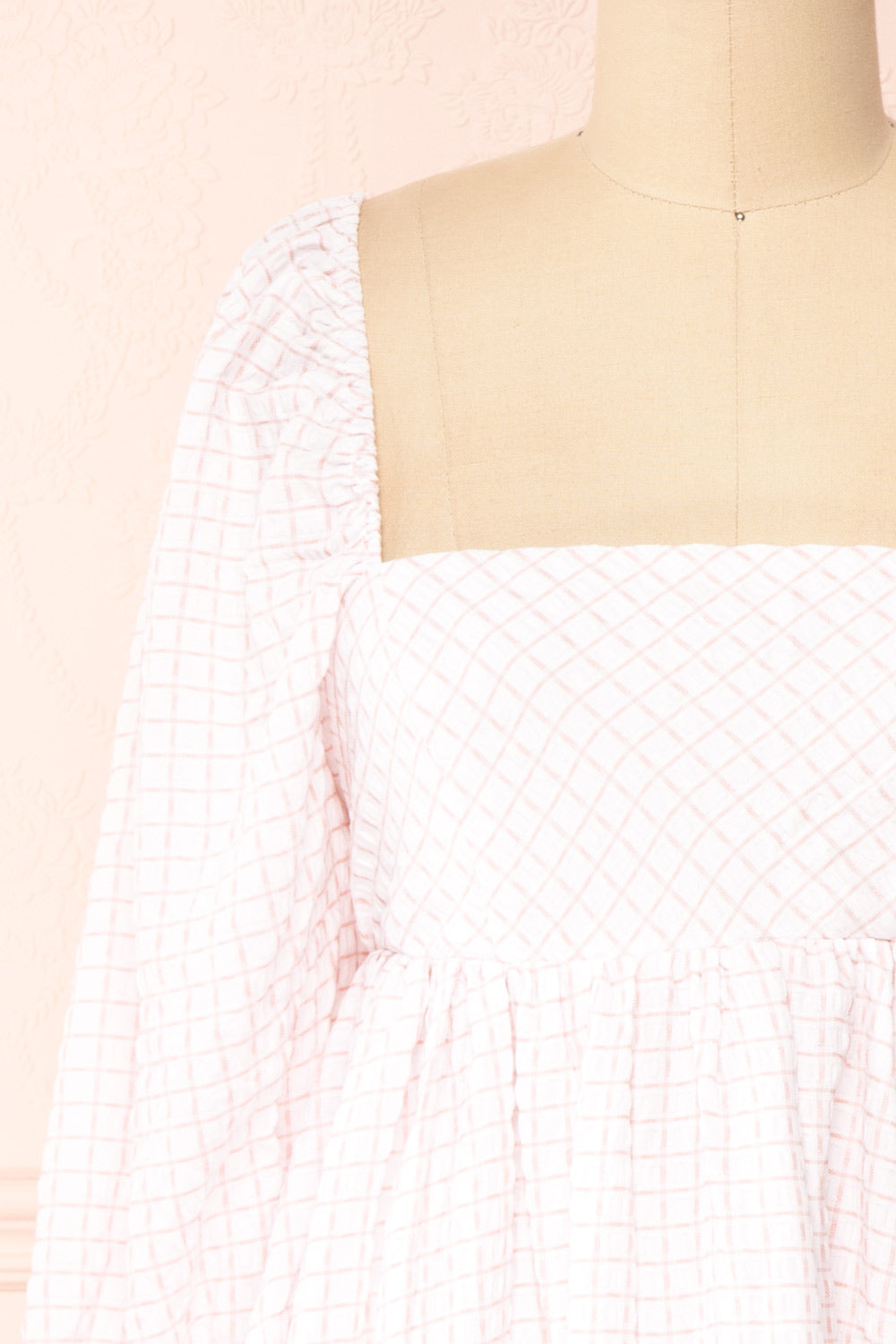 Malyne 3/4 Puff Sleeve Short Plaid Empire Waist Dress | Boutique 1861 front close-up