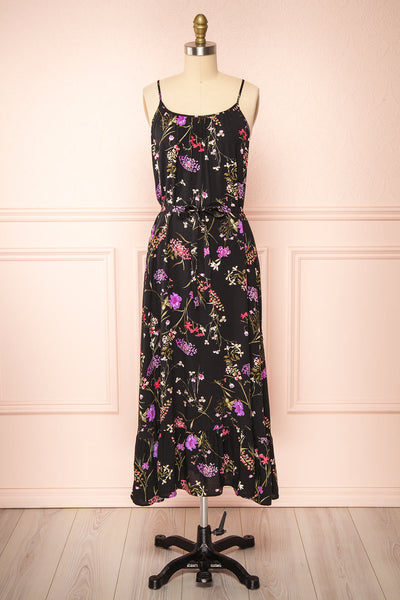Mamie Black Floral Maxi Dress w/ Belt | Boutique 1861 front view