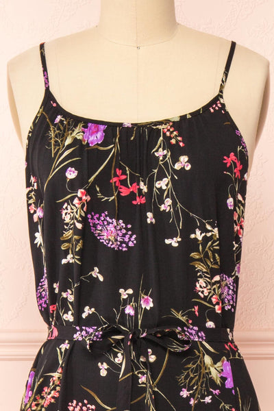 Mamie Black Floral Maxi Dress w/ Belt | Boutique 1861 front close-up