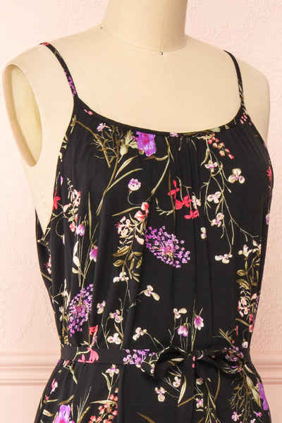 Mamie Black Floral Maxi Dress w/ Belt | Boutique 1861 side close-up